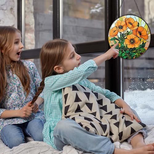 California Poppy Forest Stained Glass Sun Catcher Handmade Window Hanging, Poppy Floral Wall Decor Gifts for Women Home Garden Housewarming Ornament