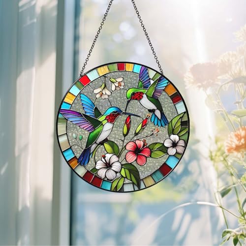 Hummingbird Stained Glass Sun Catcher Handmade Window Hanging Wall Decor, Hummingbird Bird Lover Gifts for Women Home Garden Housewarming Ornament