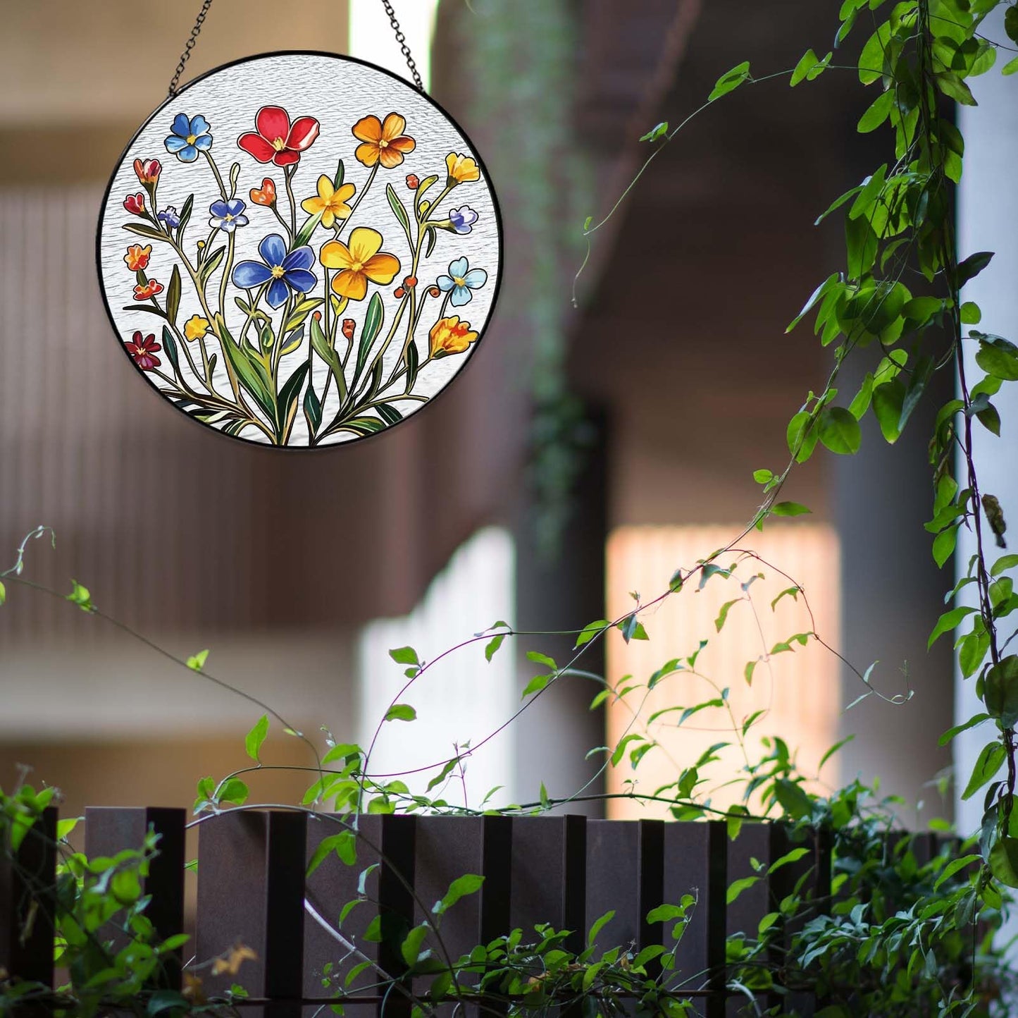 Handmade Botanical Flowers Stained Glass Sun Catcher Window Hanging, Floral Wall Decor Gifts for Women Home Garden Housewarming Ornament
