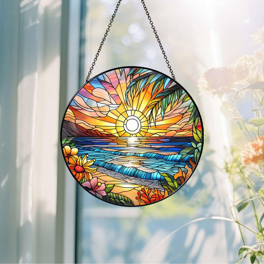 6 Inch Beach Sunset Stained Glass Sun Catcher Handmade Window Hanging, Beach Lover Kitchen Landscape Decor Gifts for Women Home Garden Housewarming Ornament