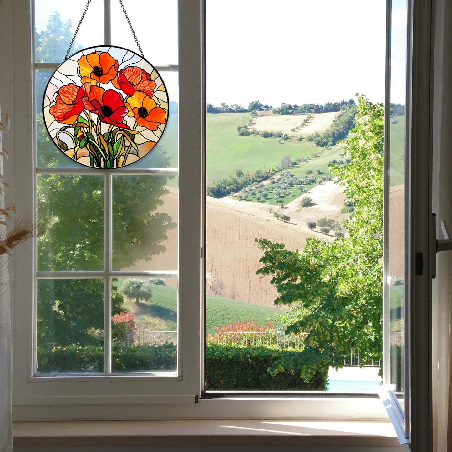 6 Inch California Poppy Forest Stained Glass Sun Catcher Handmade Window Hanging, Red Poppy Kitchen Decor Flower Lover Gifts for Women Home Garden Housewarming Ornament