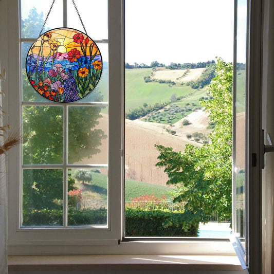 9.8 Inch Wildflowers Stained Glass Sun Catcher Handmade Window Hanging Wall Decor, Plant Lover Gifts for Women Home Garden Christmas Birthday Ornament