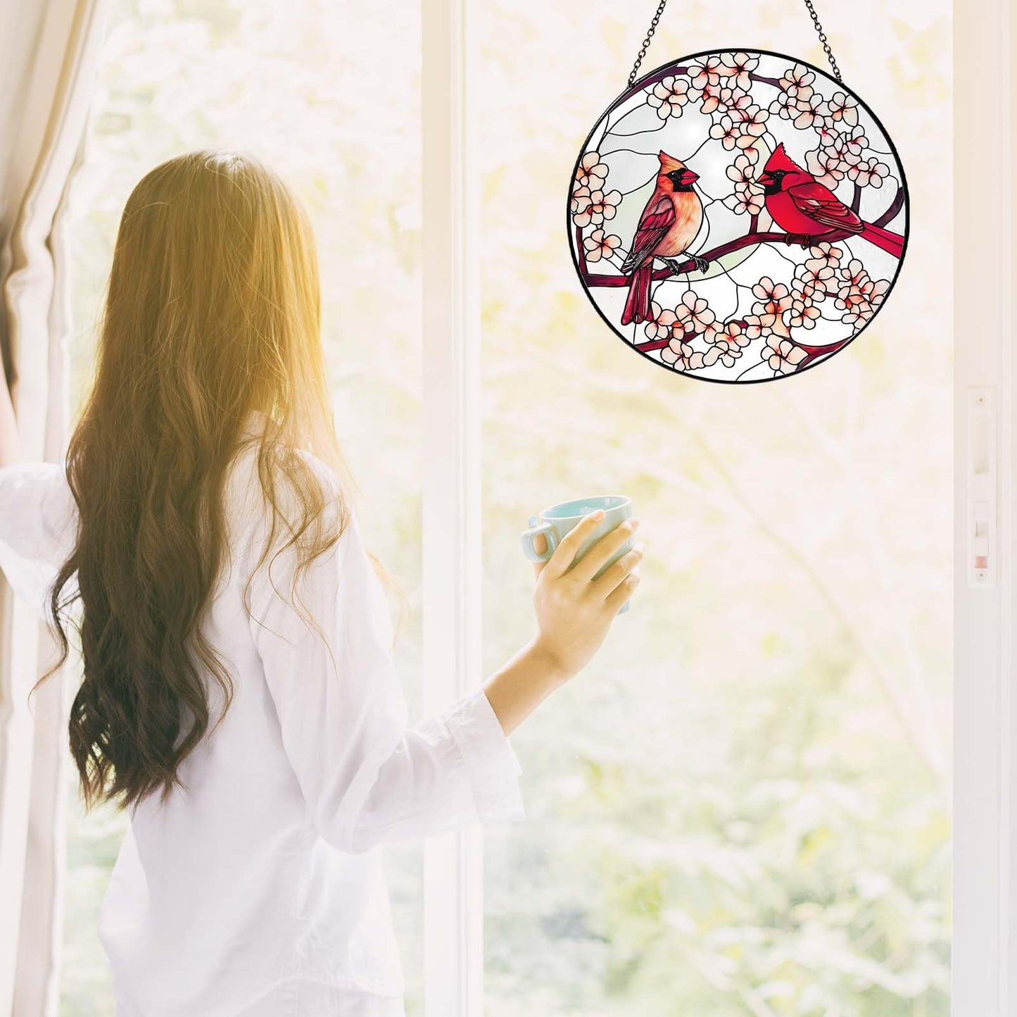 Cardinal Stained Glass Sun Catcher 6 Inch Handmade Window Hanging Decor Gifts for Women Housewarming Valentine’s Day Garden Home Ornament