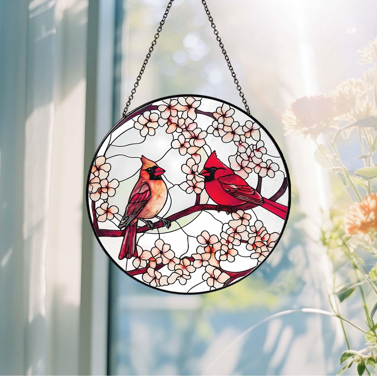Cardinal Stained Glass Sun Catcher 6 Inch Handmade Window Hanging Decor Gifts for Women Housewarming Valentine’s Day Garden Home Ornament
