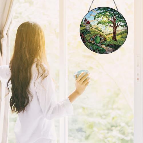 Shire Stained Glass Sun Catcher Handmade Window Hanging, Countryside Scenery Wall Decor Gifts for Women Home Garden Housewarming Ornament