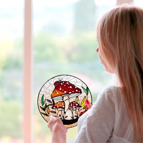 Mushroom Forest Stained Glass Sun Catcher Handmade Window Hanging Wall Decor, Mushroom Lover Gifts for Women Home Garden Housewarming Ornament