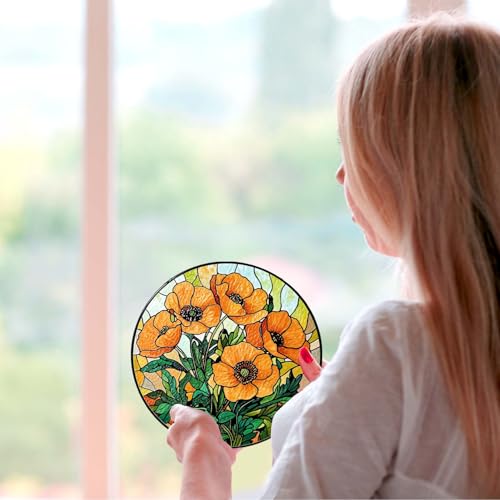 California Poppy Forest Stained Glass Sun Catcher Handmade Window Hanging, Poppy Floral Wall Decor Gifts for Women Home Garden Housewarming Ornament