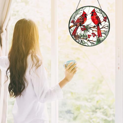 Cardinal Stained Glass Sun Catcher Handmade Window Hanging Wall Decor, Cardinal Bird Lover Gifts for Women Home Garden Housewarming Ornament