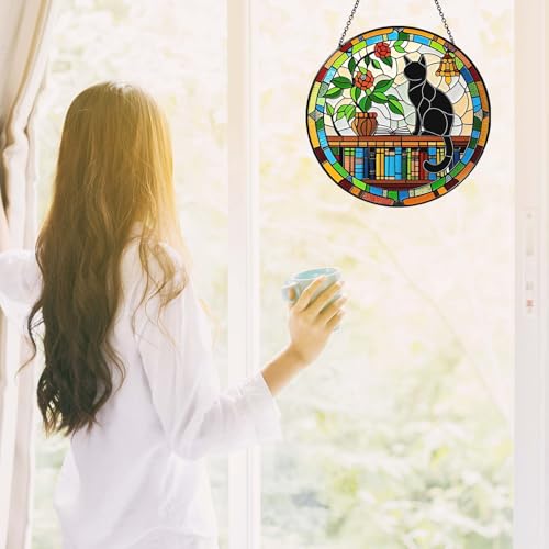 6 Inch Black Cat on Bookshelf Stained Glass Sun Catcher Handmade Window Hanging, Book Lover Wall Decor Gifts for Women Home Room Housewarming Ornament