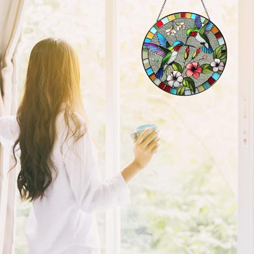 Hummingbird Stained Glass Sun Catcher Handmade Window Hanging Wall Decor, Hummingbird Bird Lover Gifts for Women Home Garden Housewarming Ornament