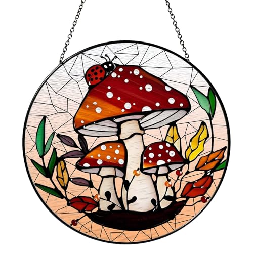 Mushroom Forest Stained Glass Sun Catcher Handmade Window Hanging Wall Decor, Mushroom Lover Gifts for Women Home Garden Housewarming Ornament