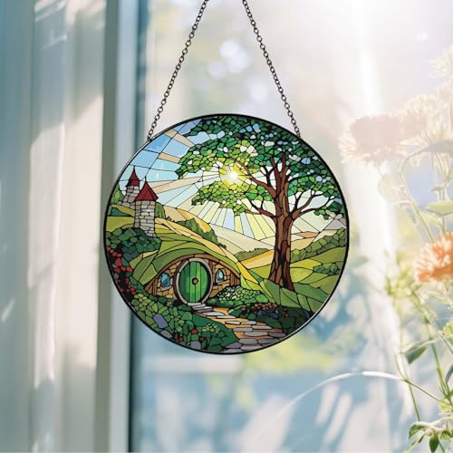 Shire Stained Glass Sun Catcher Handmade Window Hanging, Countryside Scenery Wall Decor Gifts for Women Home Garden Housewarming Ornament