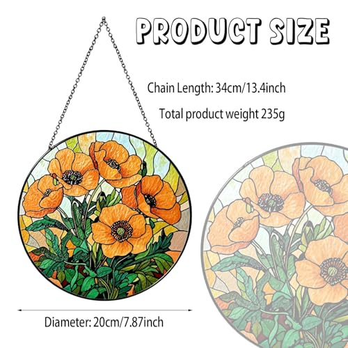 California Poppy Forest Stained Glass Sun Catcher Handmade Window Hanging, Poppy Floral Wall Decor Gifts for Women Home Garden Housewarming Ornament