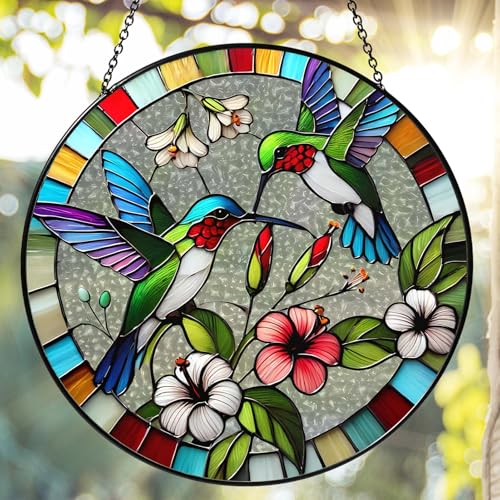 Hummingbird Stained Glass Sun Catcher Handmade Window Hanging Wall Decor, Hummingbird Bird Lover Gifts for Women Home Garden Housewarming Ornament