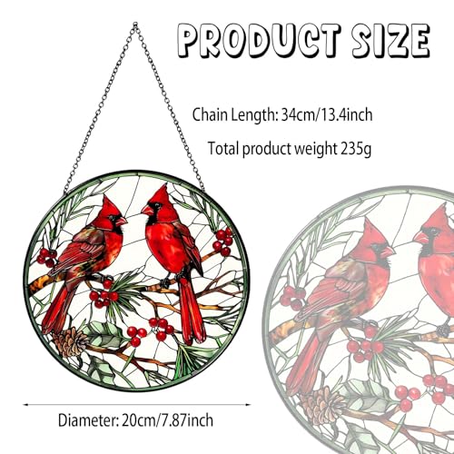Cardinal Stained Glass Sun Catcher Handmade Window Hanging Wall Decor, Cardinal Bird Lover Gifts for Women Home Garden Housewarming Ornament