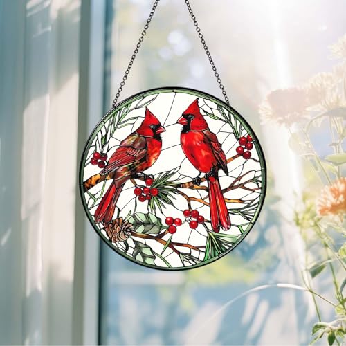 Cardinal Stained Glass Sun Catcher Handmade Window Hanging Wall Decor, Cardinal Bird Lover Gifts for Women Home Garden Housewarming Ornament
