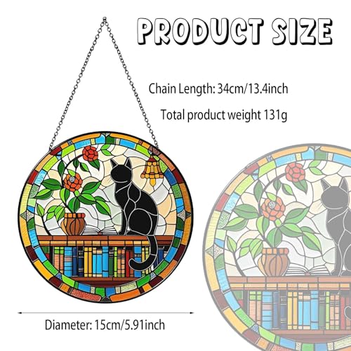 6 Inch Black Cat on Bookshelf Stained Glass Sun Catcher Handmade Window Hanging, Book Lover Wall Decor Gifts for Women Home Room Housewarming Ornament
