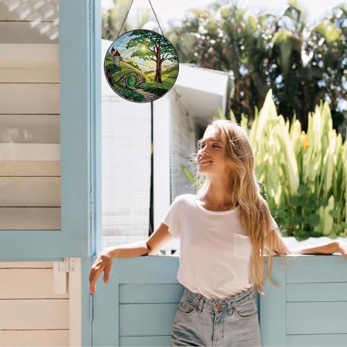 Shire Stained Glass Sun Catcher Handmade Window Hanging, Countryside Scenery Wall Decor Gifts for Women Home Garden Housewarming Ornament