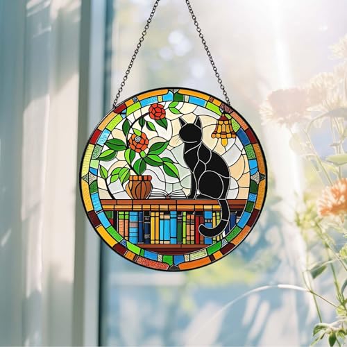 6 Inch Black Cat on Bookshelf Stained Glass Sun Catcher Handmade Window Hanging, Book Lover Wall Decor Gifts for Women Home Room Housewarming Ornament