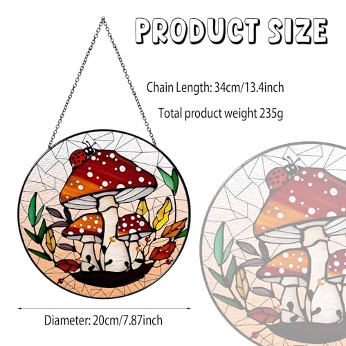 Mushroom Forest Stained Glass Sun Catcher Handmade Window Hanging Wall Decor, Mushroom Lover Gifts for Women Home Garden Housewarming Ornament