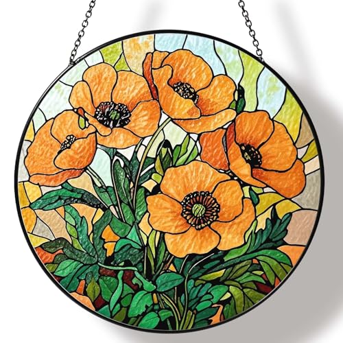California Poppy Forest Stained Glass Sun Catcher Handmade Window Hanging, Poppy Floral Wall Decor Gifts for Women Home Garden Housewarming Ornament