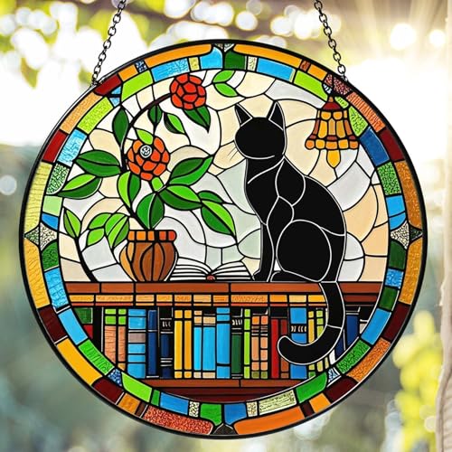 6 Inch Black Cat on Bookshelf Stained Glass Sun Catcher Handmade Window Hanging, Book Lover Wall Decor Gifts for Women Home Room Housewarming Ornament