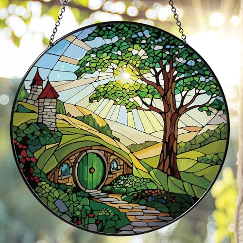 Shire Stained Glass Sun Catcher Handmade Window Hanging, Countryside Scenery Wall Decor Gifts for Women Home Garden Housewarming Ornament