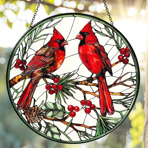 Cardinal Stained Glass Sun Catcher Handmade Window Hanging Wall Decor, Cardinal Bird Lover Gifts for Women Home Garden Housewarming Ornament