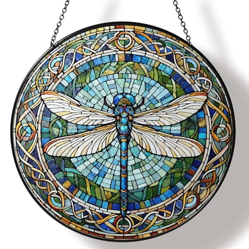 Dragonfly Stained Glass Sun Catcher Handmade Window Hanging Wall Decor, Dragonfly Gifts for Women Home Garden Housewarming Ornament