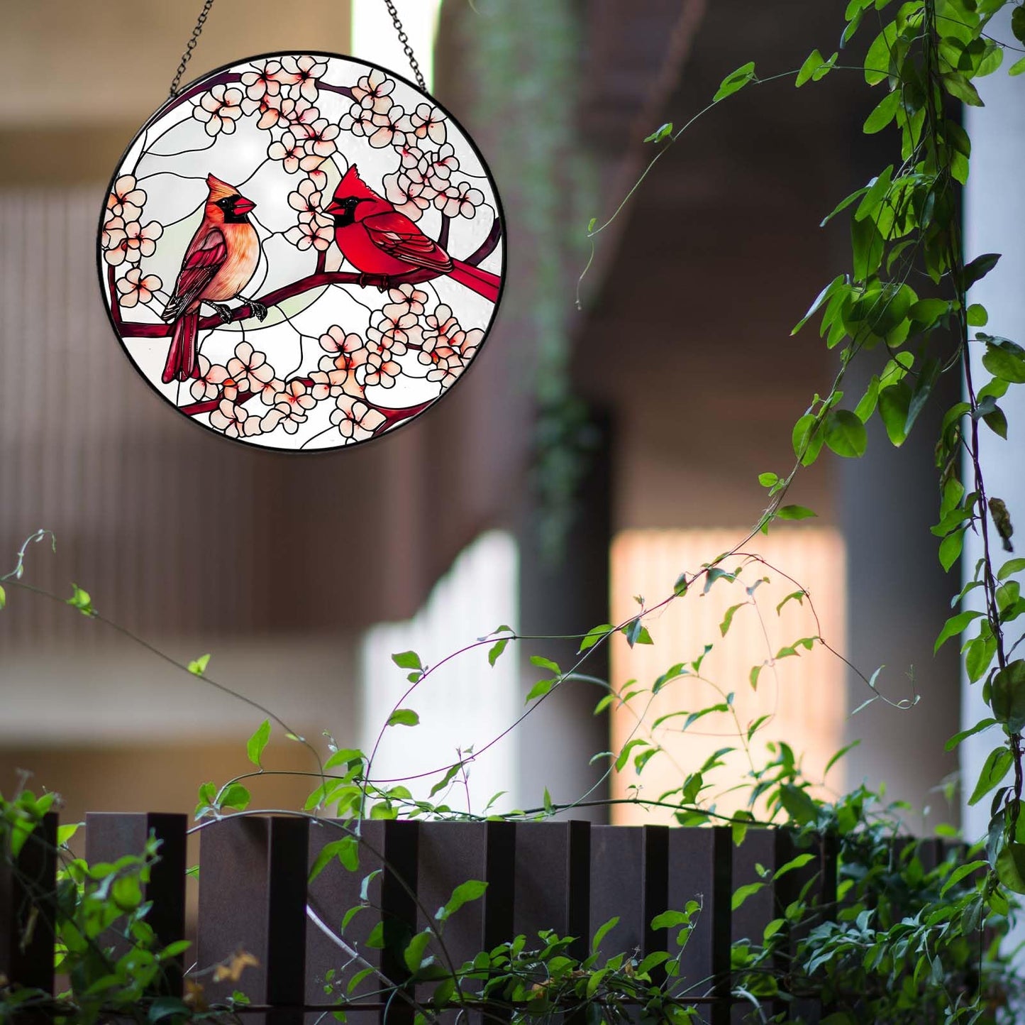 Cardinal Stained Glass Sun Catcher 6 Inch Handmade Window Hanging Decor Gifts for Women Housewarming Valentine’s Day Garden Home Ornament