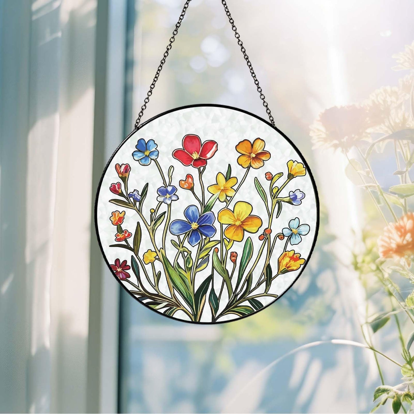 Handmade Botanical Flowers Stained Glass Sun Catcher Window Hanging, Floral Wall Decor Gifts for Women Home Garden Housewarming Ornament