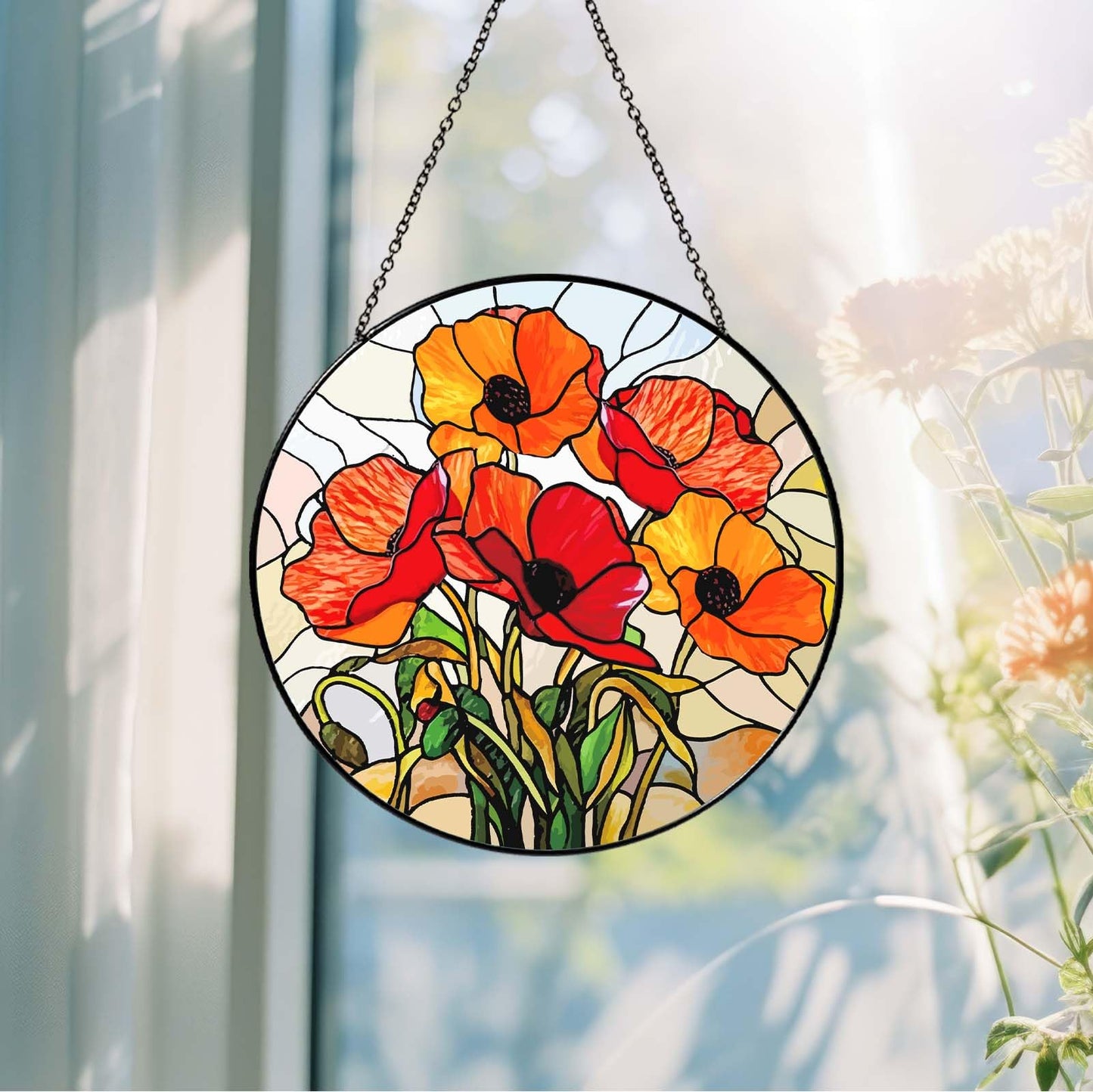 6 Inch California Poppy Forest Stained Glass Sun Catcher Handmade Window Hanging, Red Poppy Kitchen Decor Flower Lover Gifts for Women Home Garden Housewarming Ornament