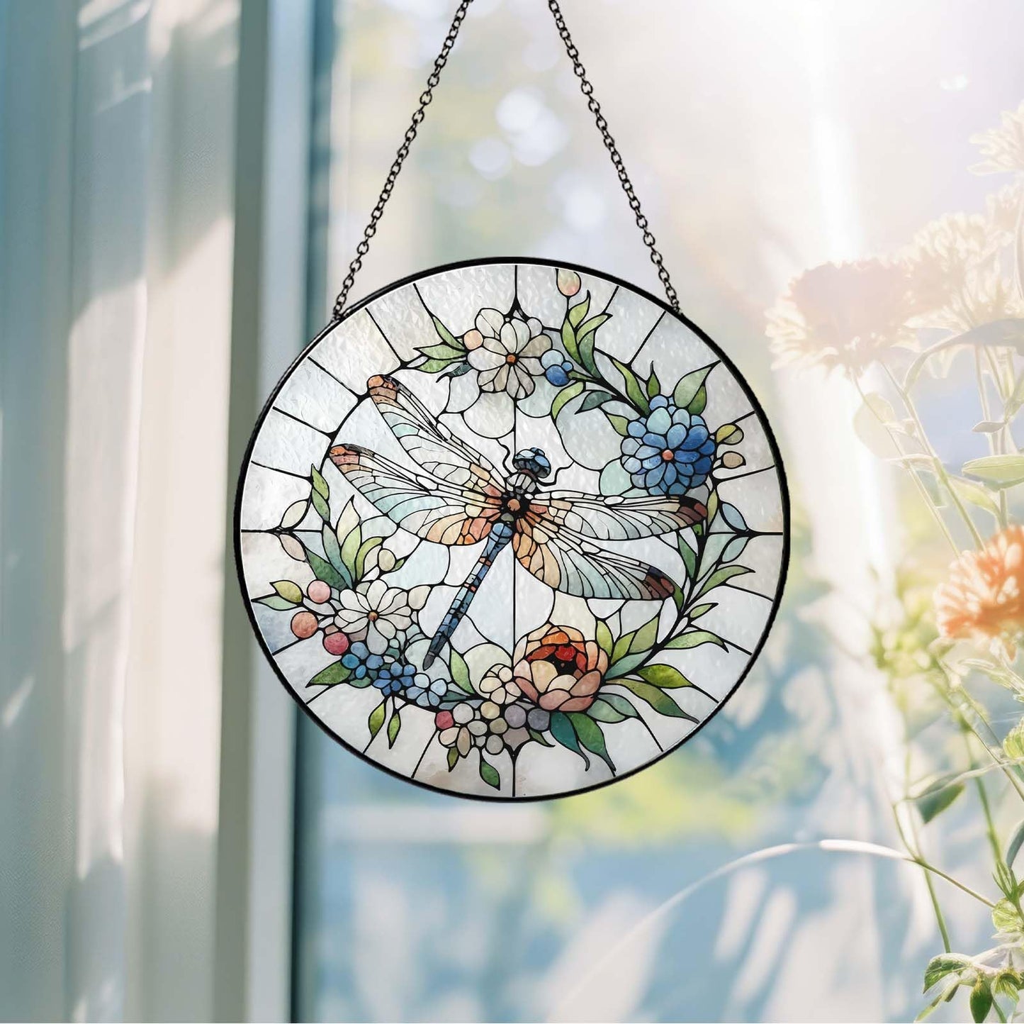 9.8 Inch Dragonfly Stained Glass Sun Catcher Handmade Window Hanging Wall Decor, Dragonfly Gifts for Women Garden Home Housewarming Ornament