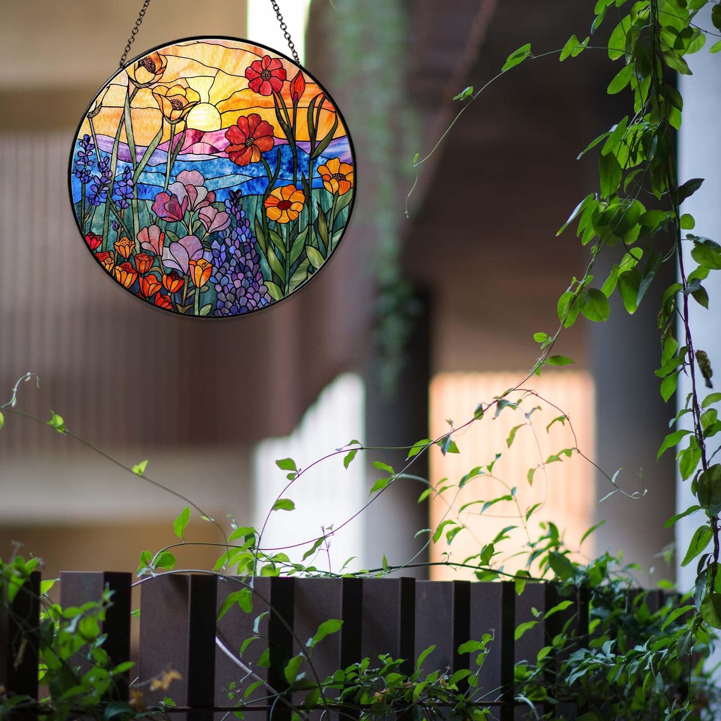 9.8 Inch Wildflowers Stained Glass Sun Catcher Handmade Window Hanging Wall Decor, Plant Lover Gifts for Women Home Garden Christmas Birthday Ornament