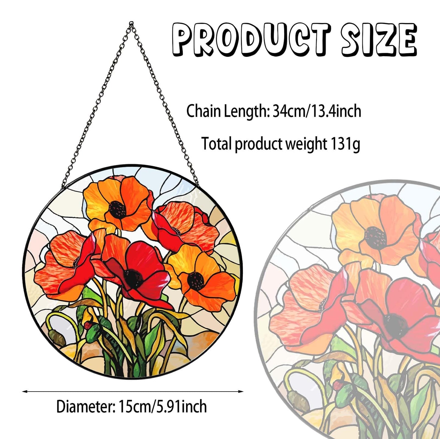 6 Inch California Poppy Forest Stained Glass Sun Catcher Handmade Window Hanging, Red Poppy Kitchen Decor Flower Lover Gifts for Women Home Garden Housewarming Ornament