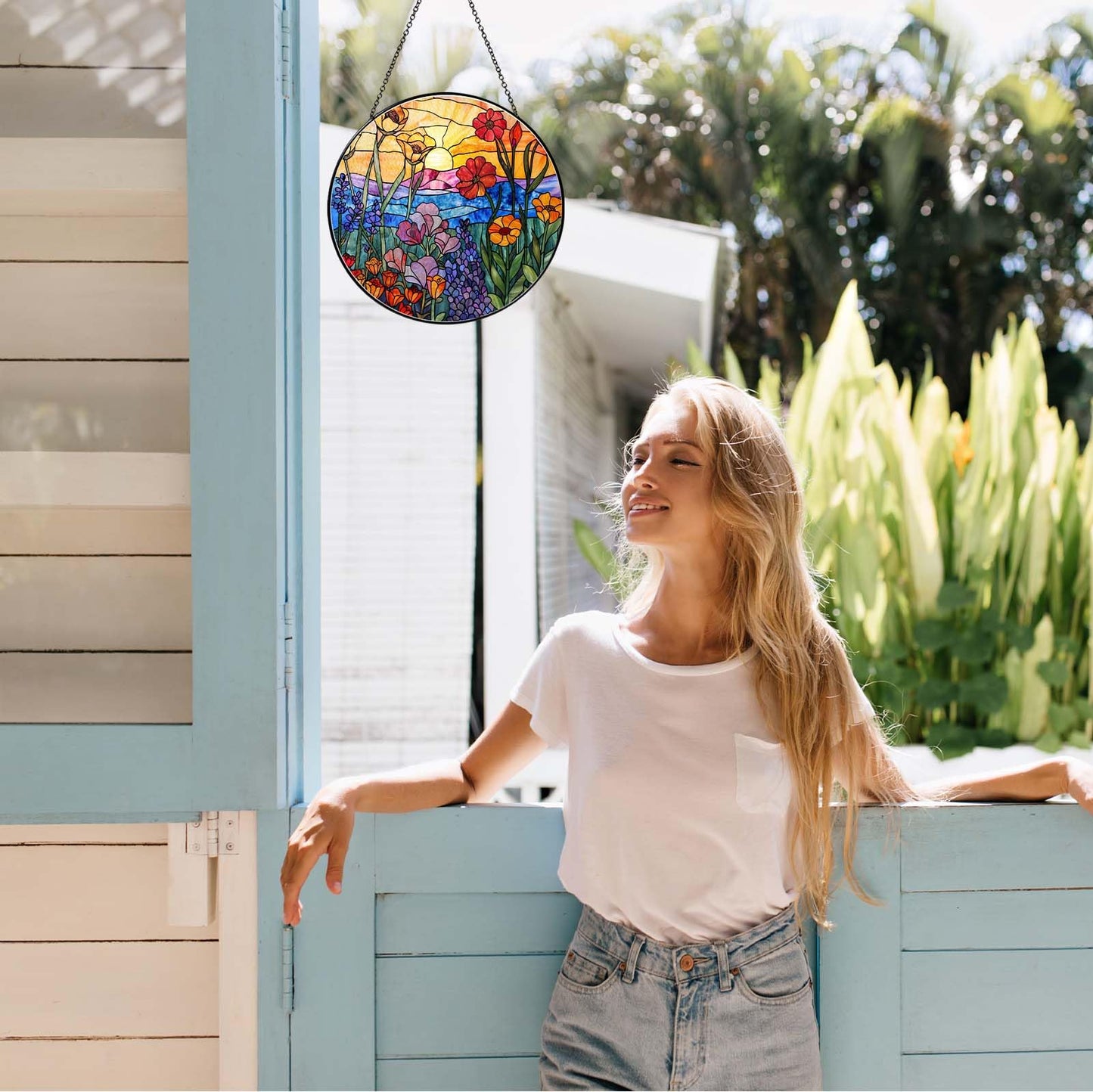 9.8 Inch Wildflowers Stained Glass Sun Catcher Handmade Window Hanging Wall Decor, Plant Lover Gifts for Women Home Garden Christmas Birthday Ornament