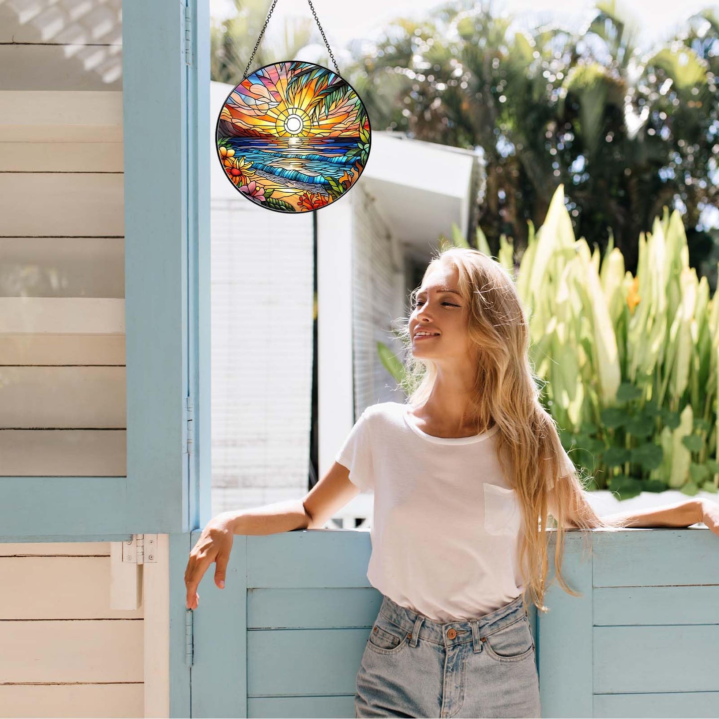 6 Inch Beach Sunset Stained Glass Sun Catcher Handmade Window Hanging, Beach Lover Kitchen Landscape Decor Gifts for Women Home Garden Housewarming Ornament