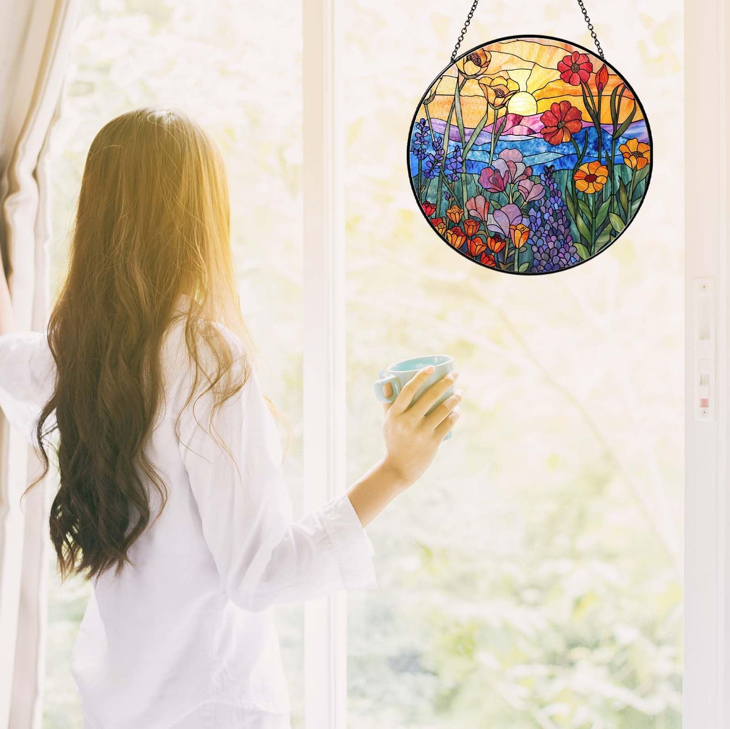 9.8 Inch Wildflowers Stained Glass Sun Catcher Handmade Window Hanging Wall Decor, Plant Lover Gifts for Women Home Garden Christmas Birthday Ornament