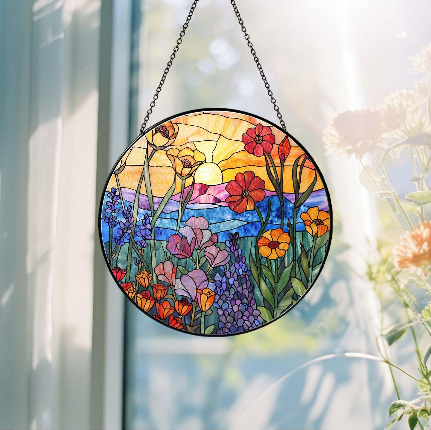 9.8 Inch Wildflowers Stained Glass Sun Catcher Handmade Window Hanging Wall Decor, Plant Lover Gifts for Women Home Garden Christmas Birthday Ornament