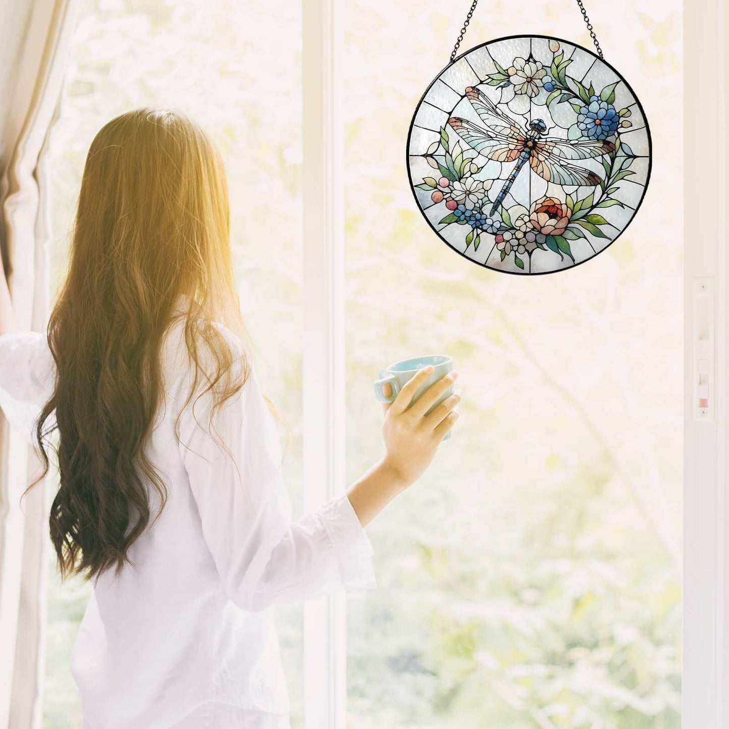 9.8 Inch Dragonfly Stained Glass Sun Catcher Handmade Window Hanging Wall Decor, Dragonfly Gifts for Women Garden Home Housewarming Ornament