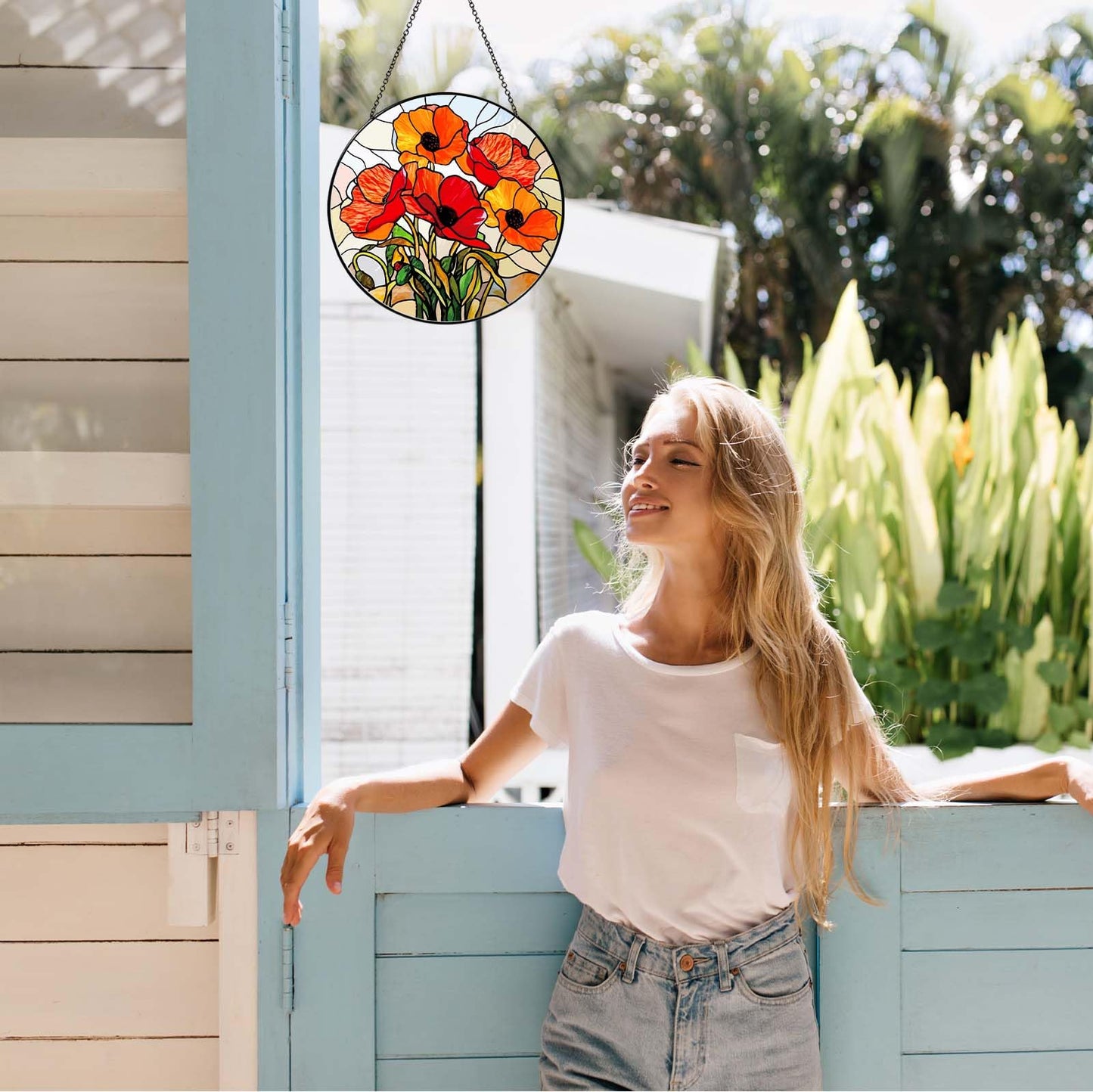 6 Inch California Poppy Forest Stained Glass Sun Catcher Handmade Window Hanging, Red Poppy Kitchen Decor Flower Lover Gifts for Women Home Garden Housewarming Ornament
