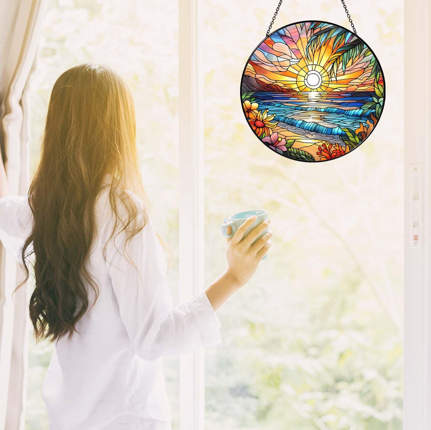 6 Inch Beach Sunset Stained Glass Sun Catcher Handmade Window Hanging, Beach Lover Kitchen Landscape Decor Gifts for Women Home Garden Housewarming Ornament
