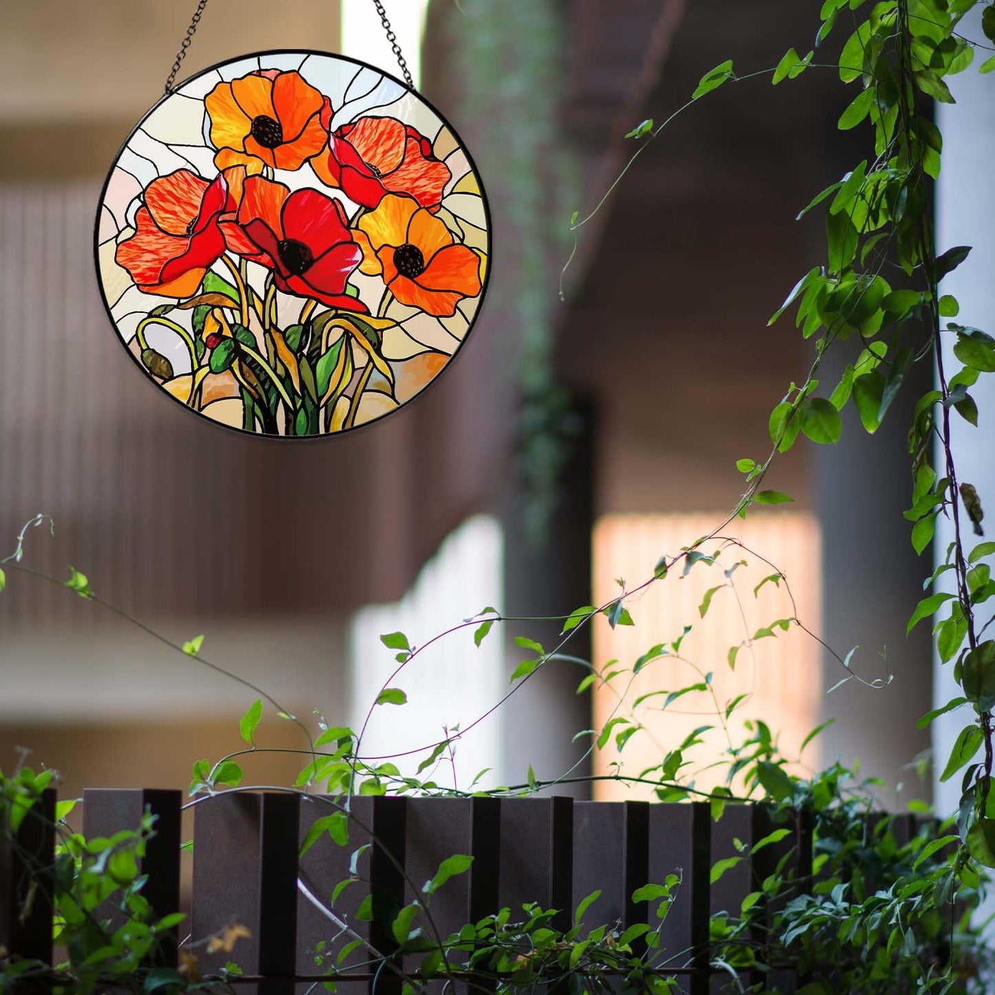 6 Inch California Poppy Forest Stained Glass Sun Catcher Handmade Window Hanging, Red Poppy Kitchen Decor Flower Lover Gifts for Women Home Garden Housewarming Ornament