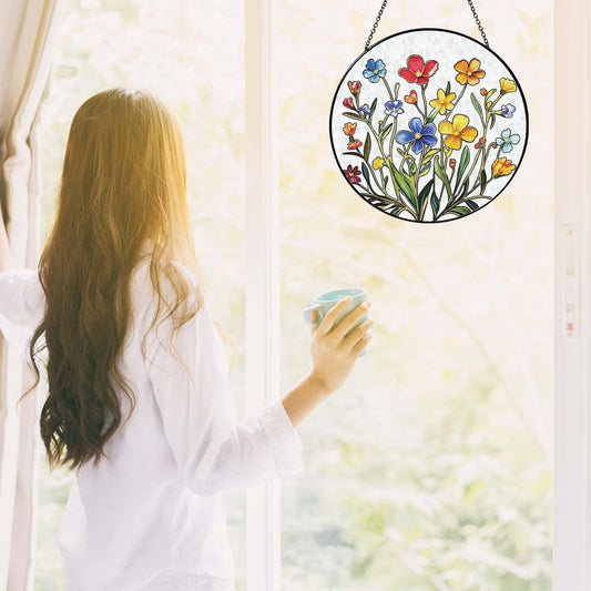 Handmade Botanical Flowers Stained Glass Sun Catcher Window Hanging, Floral Wall Decor Gifts for Women Home Garden Housewarming Ornament