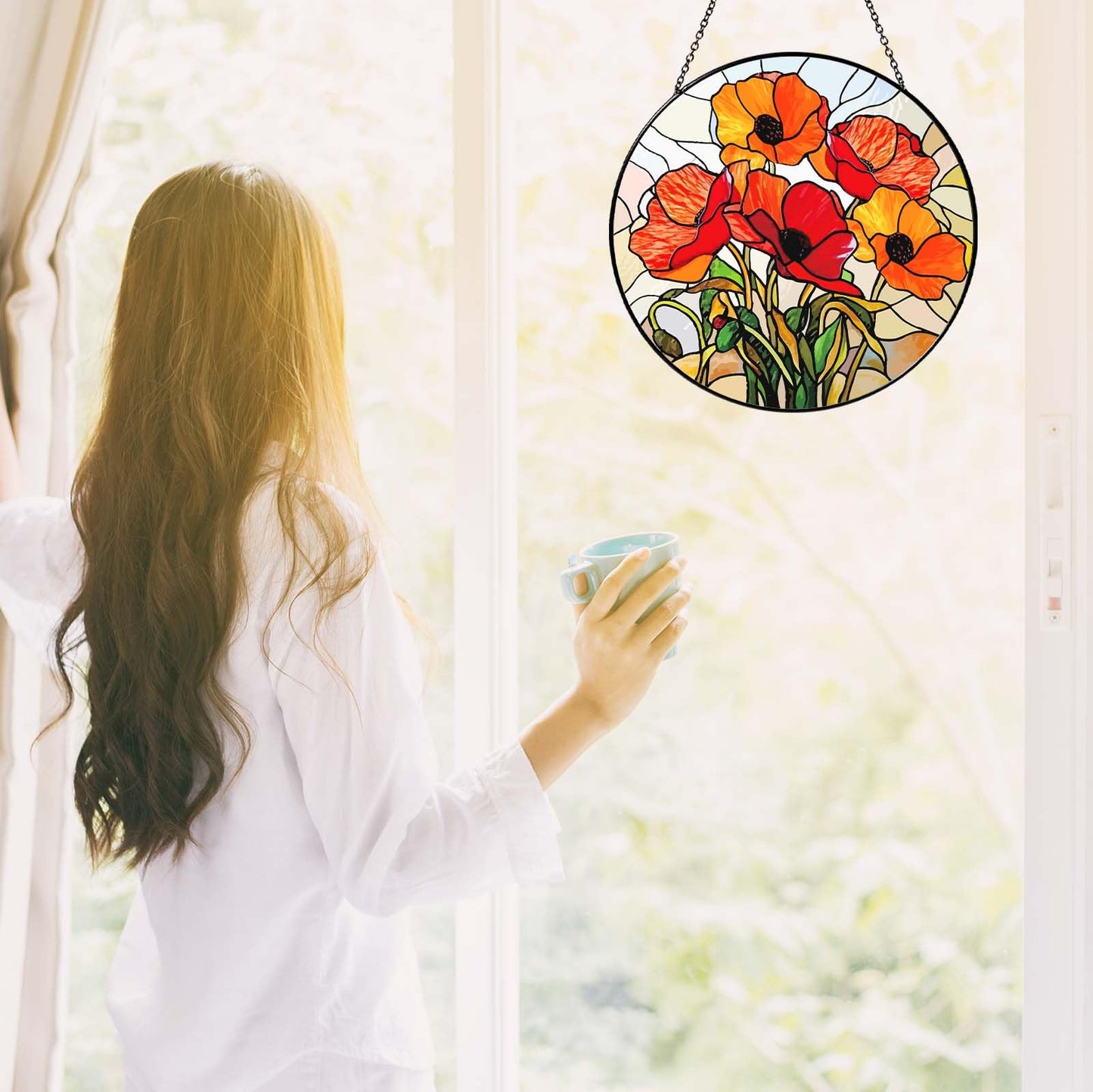 6 Inch California Poppy Forest Stained Glass Sun Catcher Handmade Window Hanging, Red Poppy Kitchen Decor Flower Lover Gifts for Women Home Garden Housewarming Ornament