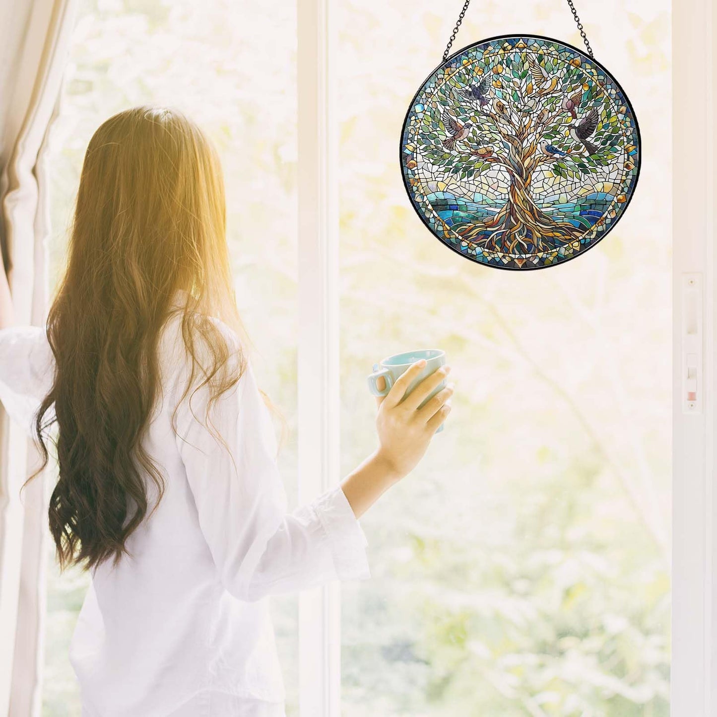 Tree of Life with Birds Stained Glass Sun Catcher Handmade Window Hanging Wall Decor, Bird Lover Gifts for Women Home Garden Housewarming Ornament