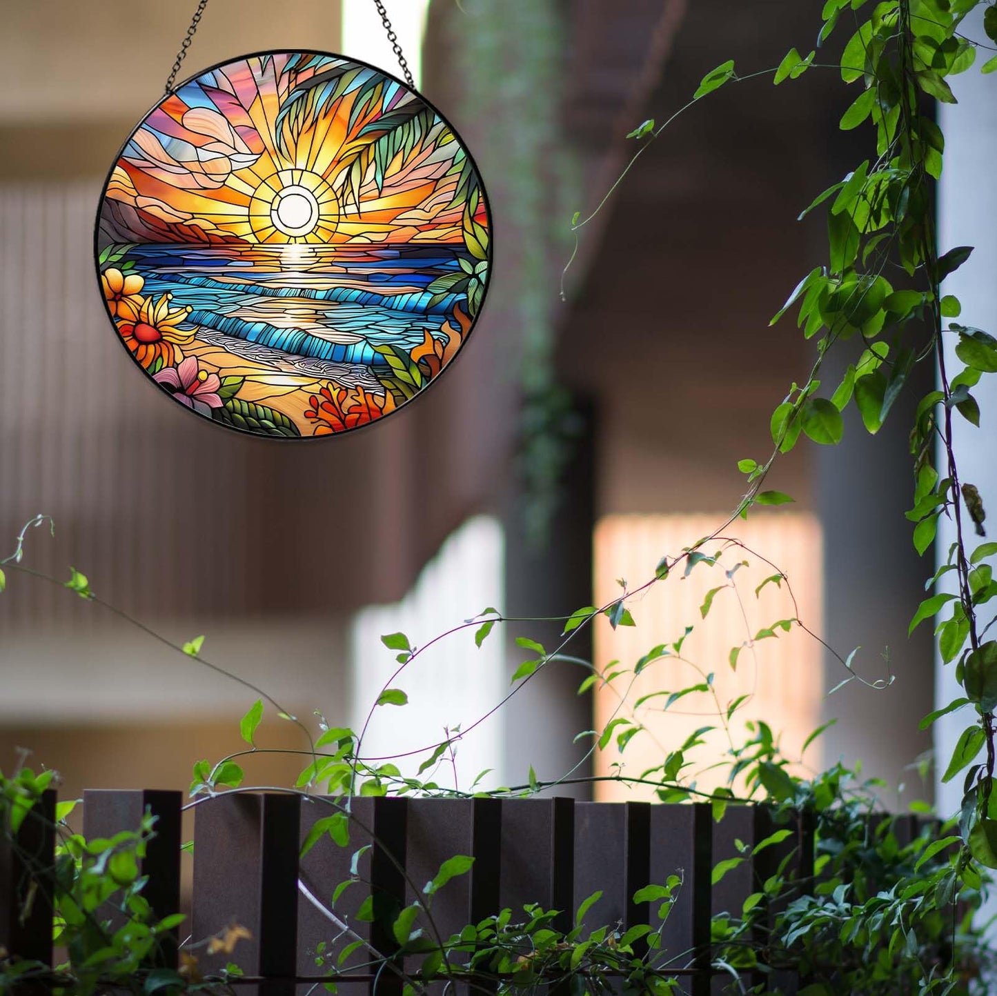 6 Inch Beach Sunset Stained Glass Sun Catcher Handmade Window Hanging, Beach Lover Kitchen Landscape Decor Gifts for Women Home Garden Housewarming Ornament
