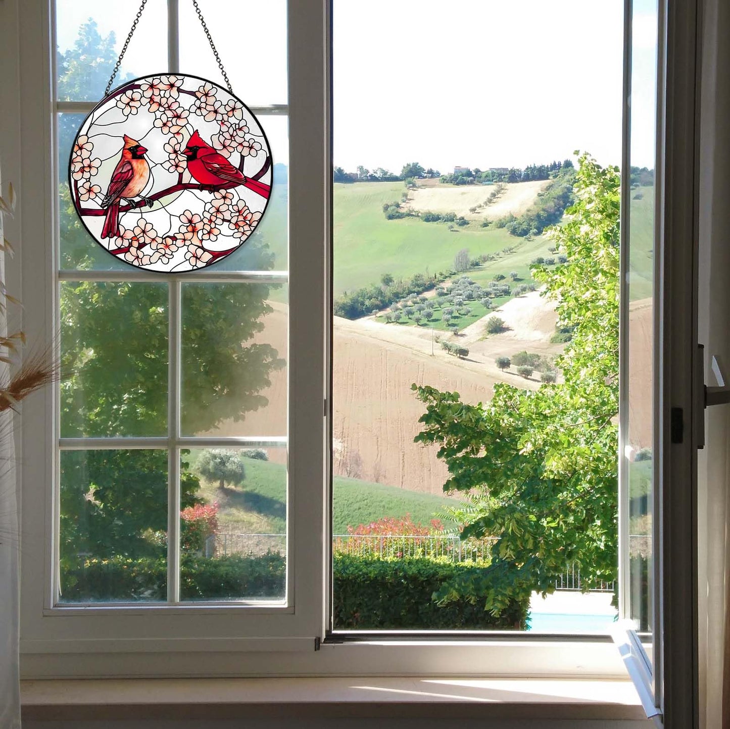 Cardinal Stained Glass Sun Catcher 6 Inch Handmade Window Hanging Decor Gifts for Women Housewarming Valentine’s Day Garden Home Ornament
