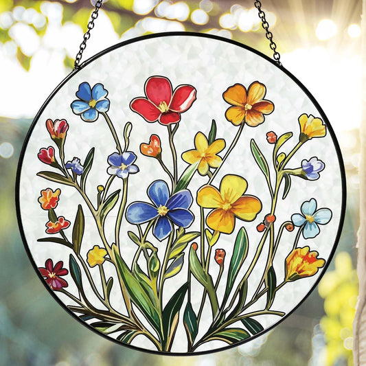 Handmade Botanical Flowers Stained Glass Sun Catcher Window Hanging, Floral Wall Decor Gifts for Women Home Garden Housewarming Ornament