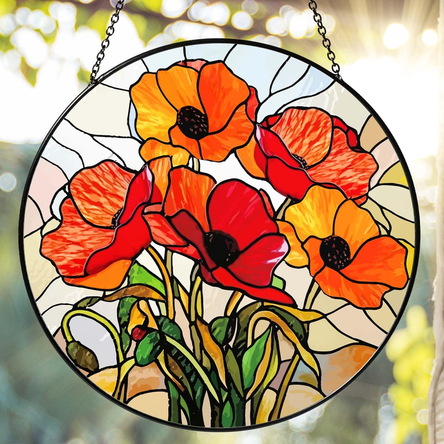 6 Inch California Poppy Forest Stained Glass Sun Catcher Handmade Window Hanging, Red Poppy Kitchen Decor Flower Lover Gifts for Women Home Garden Housewarming Ornament